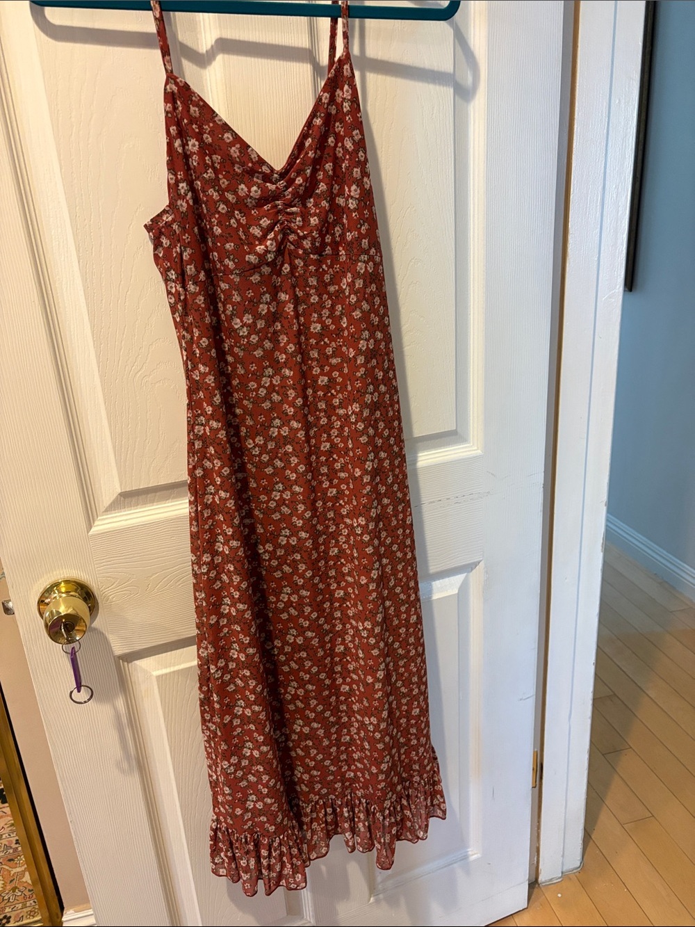 Rust Floral Slip Maxi Dress with Ruffle Hem